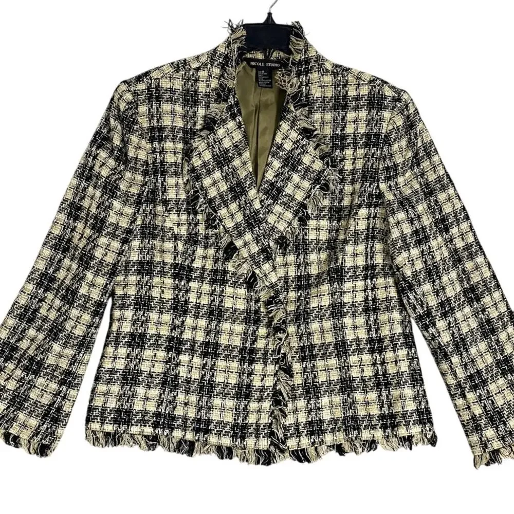Nicole Studio Blazer Womens‎ 18 Cream/Black Plaid Tweed Fringe Boho Party